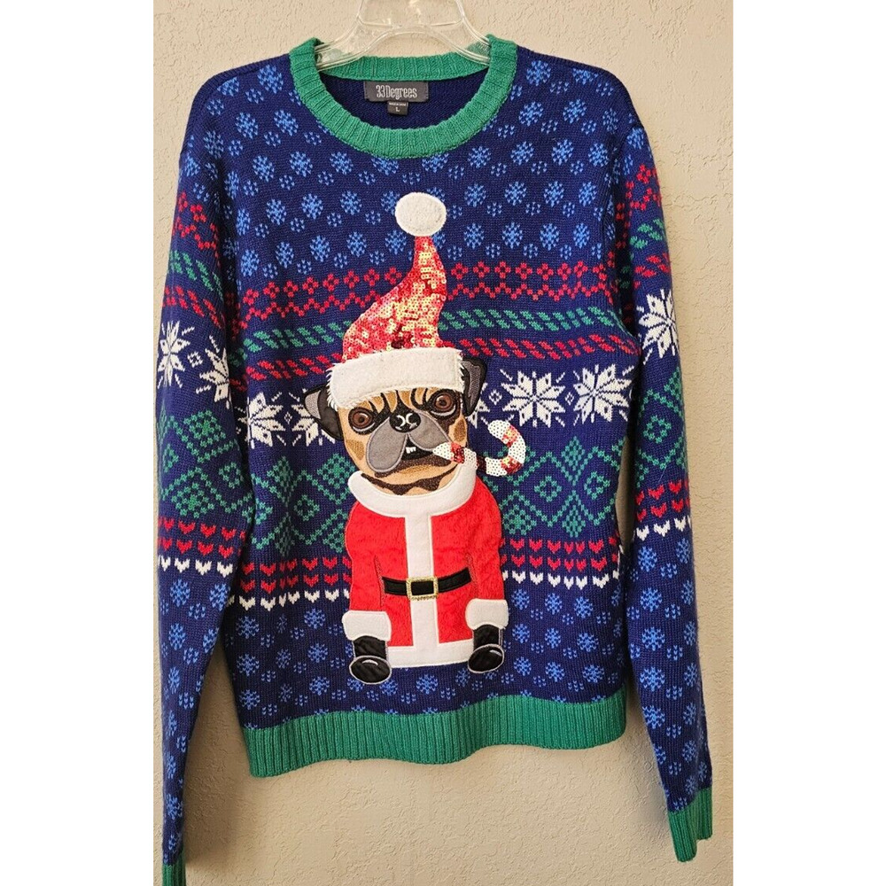 Ugly Christmas Holiday Sweater Pug Dog Smoking a Candycane‎ Mens Large